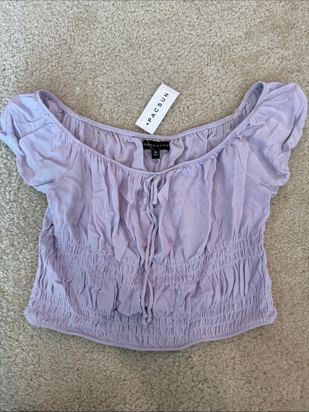 Kendall & Kylie Lilac Off-Shoulder Smocked Crop Top